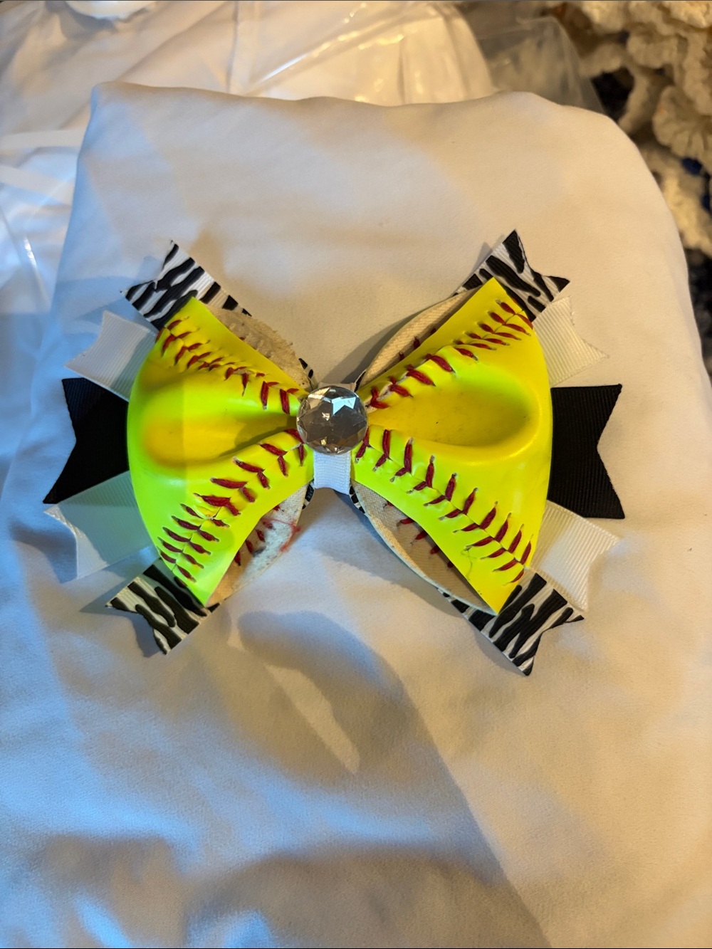 Neon Yellow Softball Bow Hair Clip with Zebra Accents